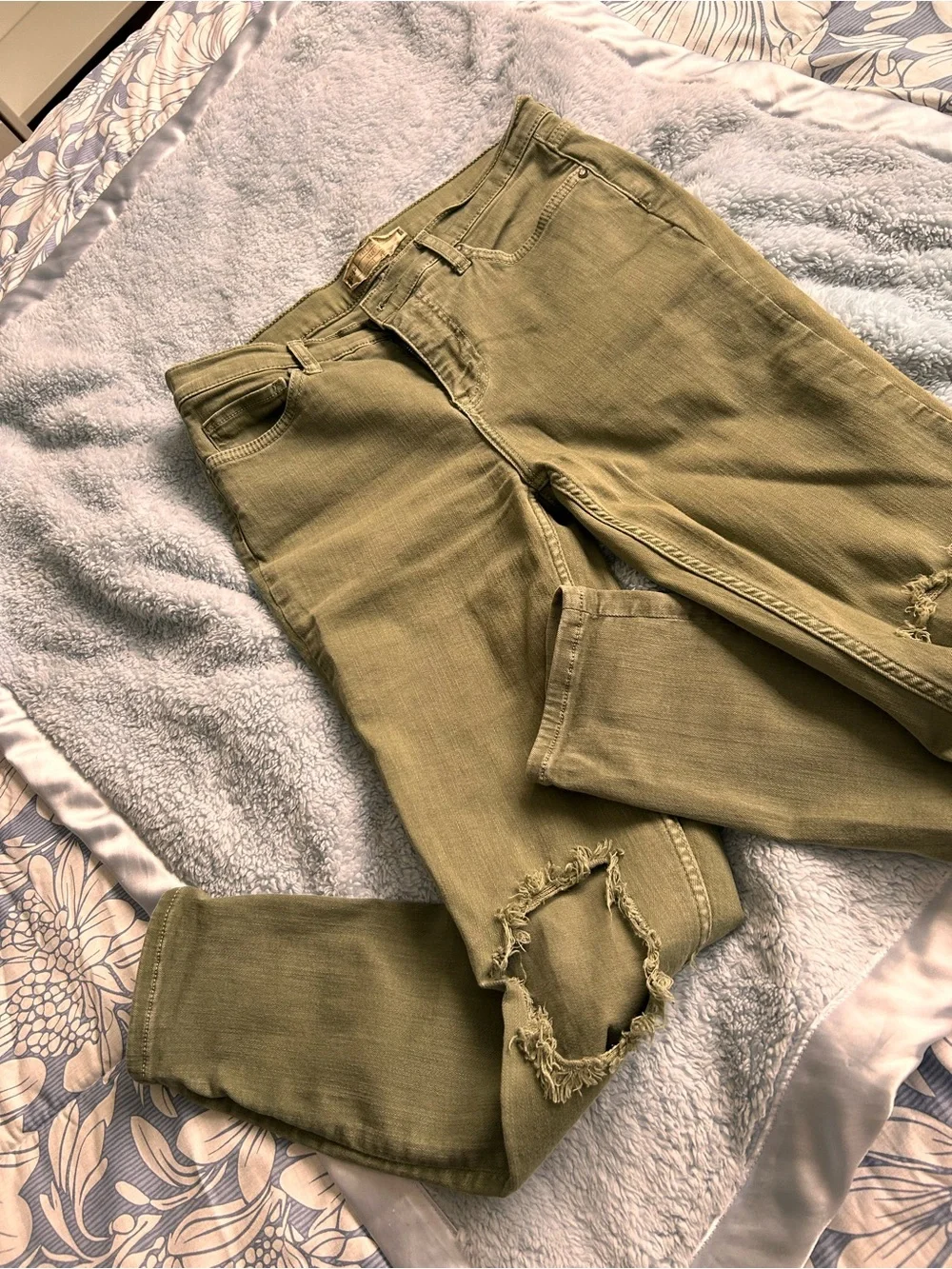Free People Olive Green Distressed High-Rise Skinny Jeans